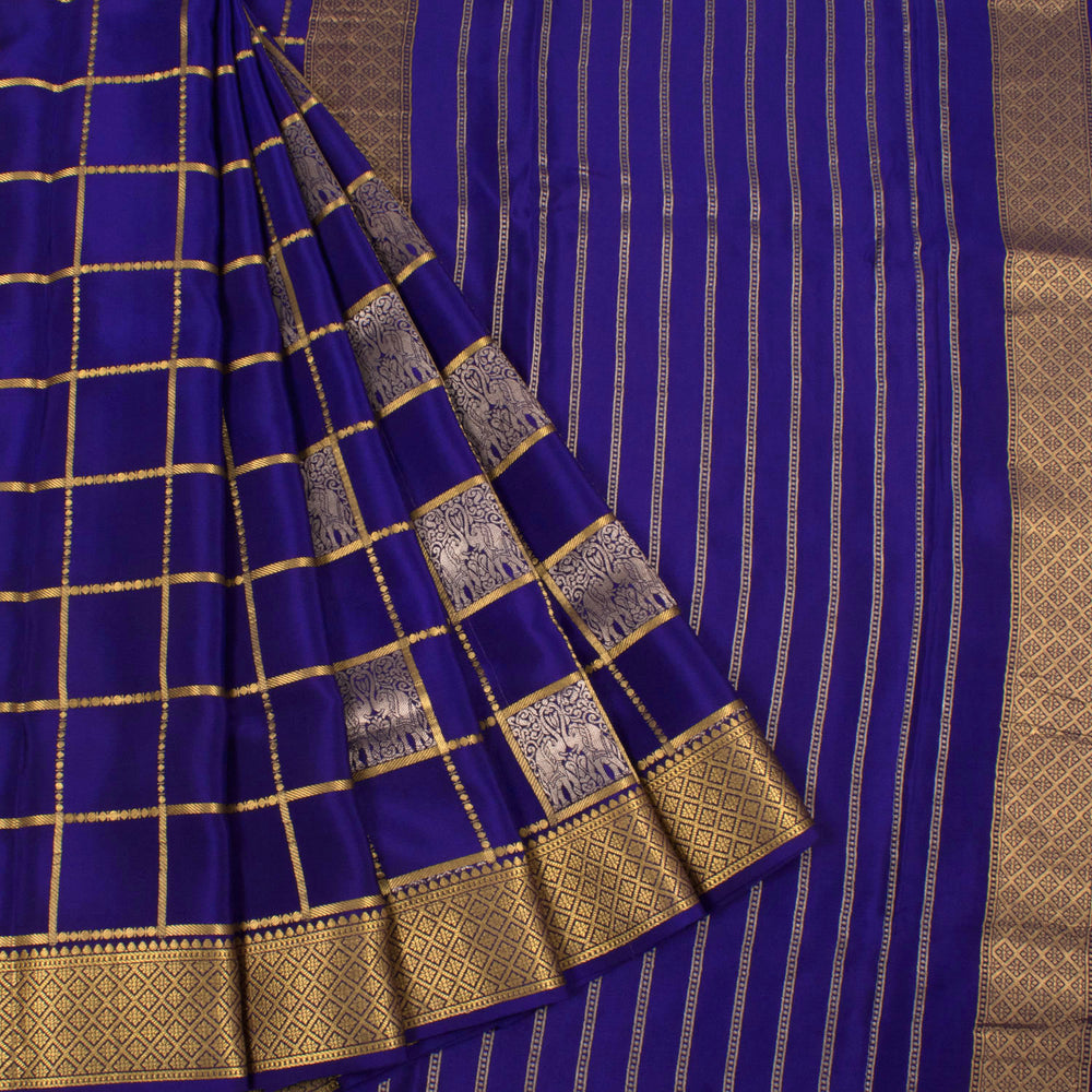 Mysore Crepe Silk Saree with Checks Design and Elephant Motifs and Zari Border
