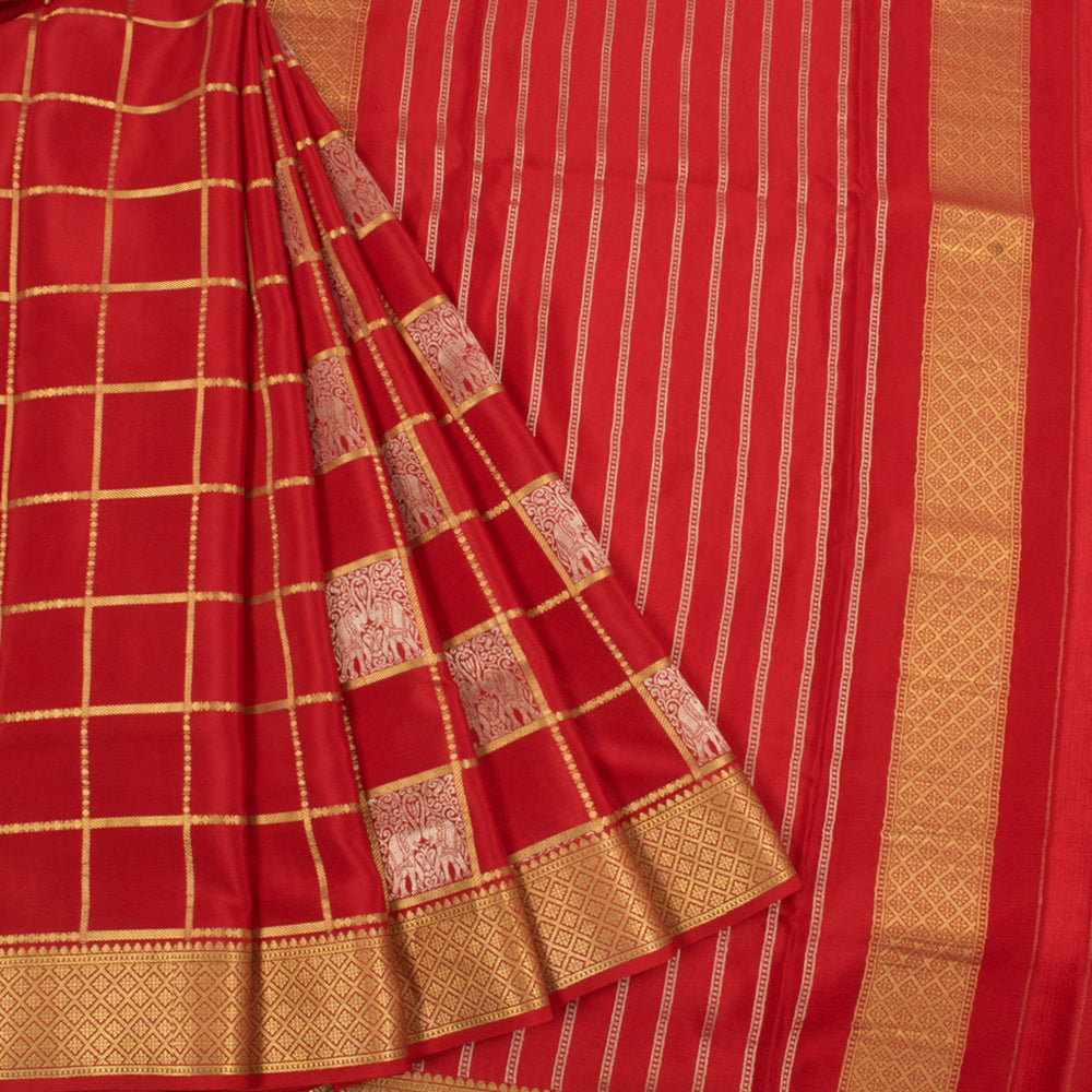Mysore Crepe Silk Saree with Checks Design and Elephant Motifs and Zari Border