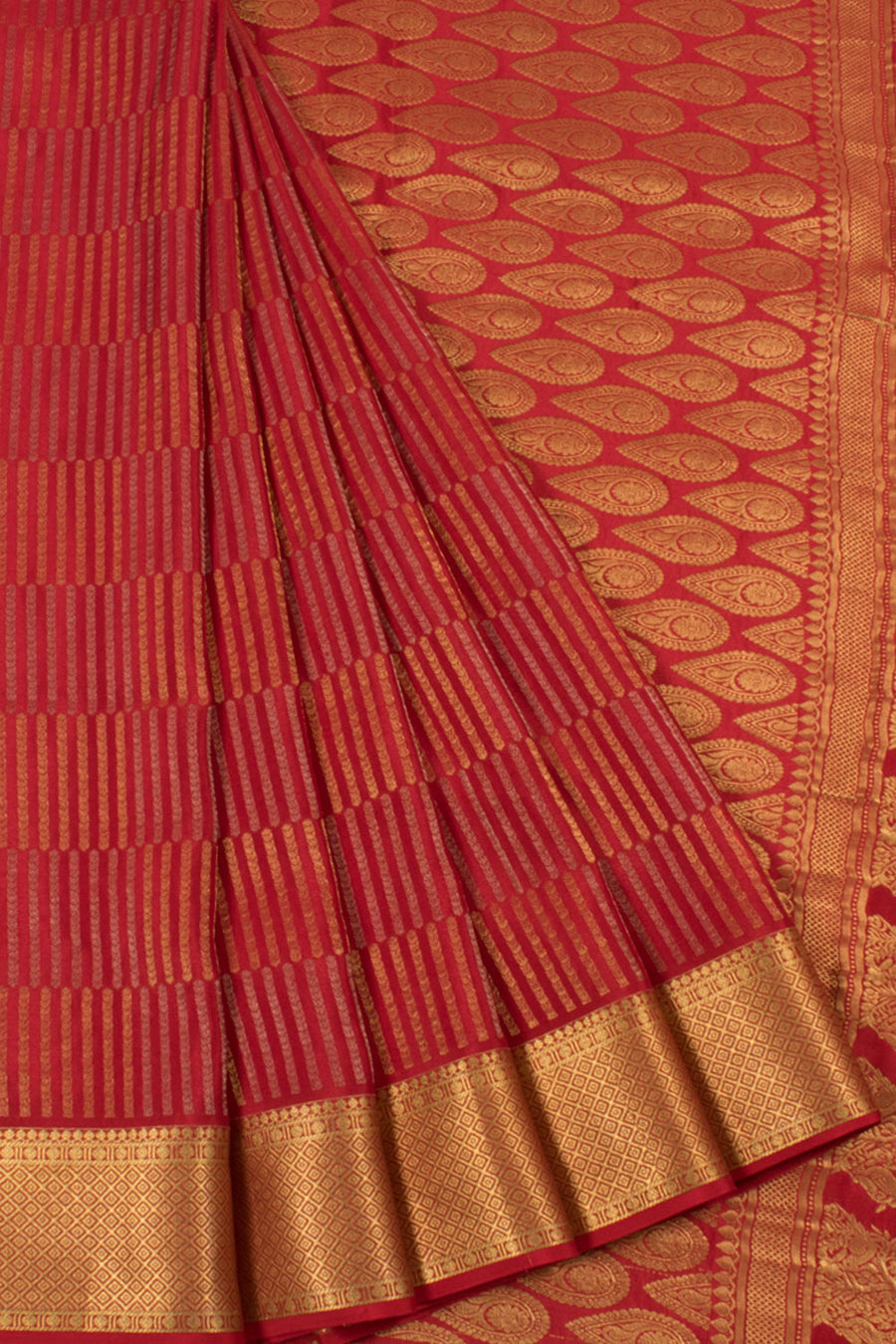 Mysore Crepe Silk Saree with Gold Silver Vertical Stripes and Rich Pallu 