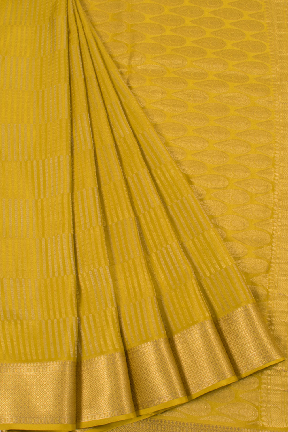 Mysore Crepe Silk Saree with Gold Silver Vertical Stripes and Rich Pallu