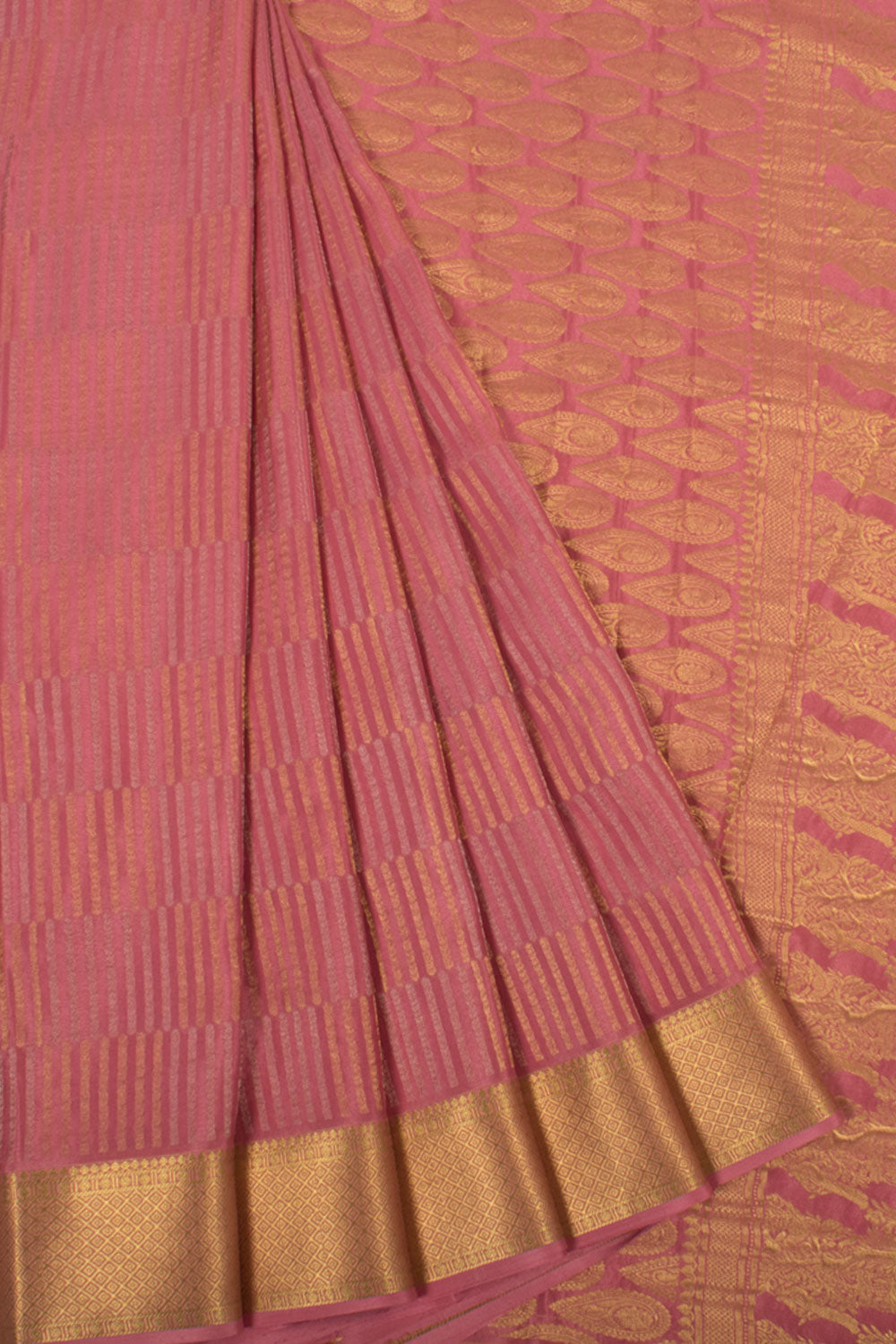 Mysore Crepe Silk Saree with Gold Silver Vertical Stripes and Rich Pallu 