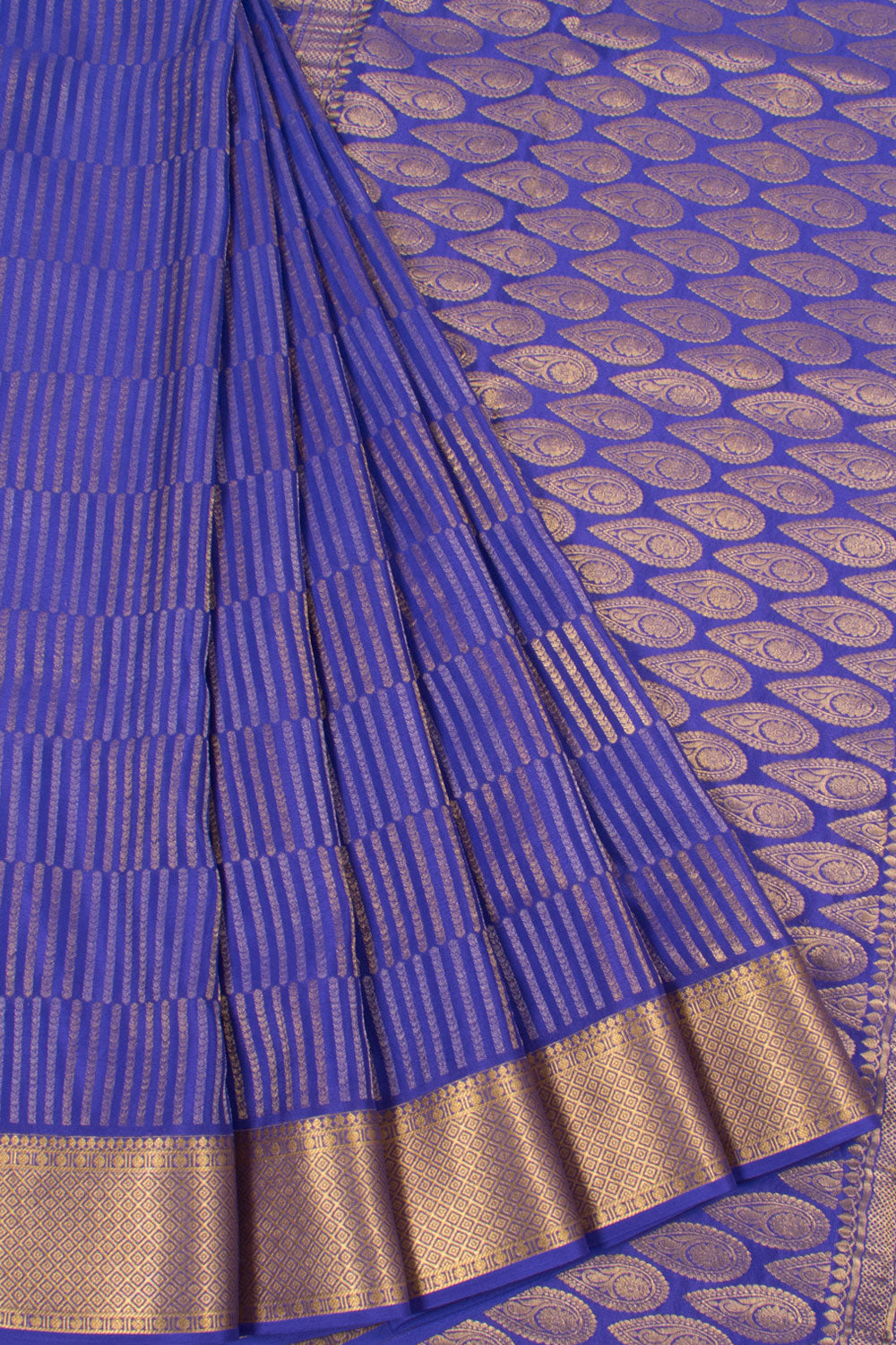 Mysore Crepe Silk Saree with Gold Silver Vertical Stripes and Rich Pallu
