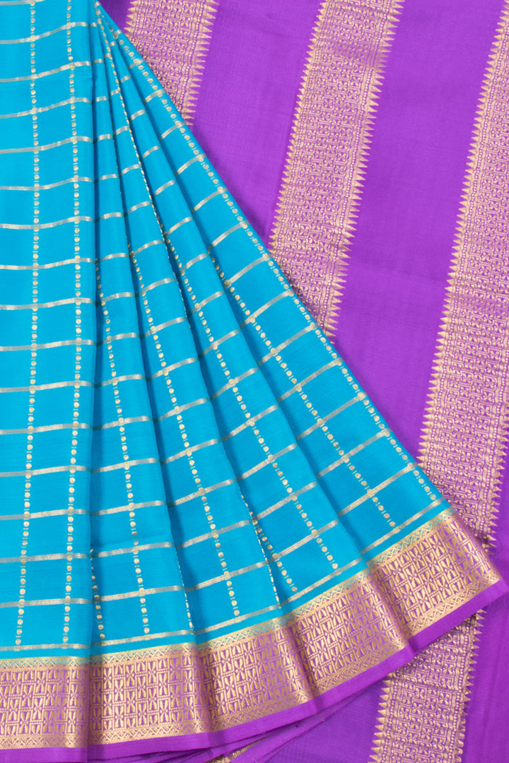 Azure Blue Mysore Crepe Silk Saree with Zari Checks, Zari Border and Pallu