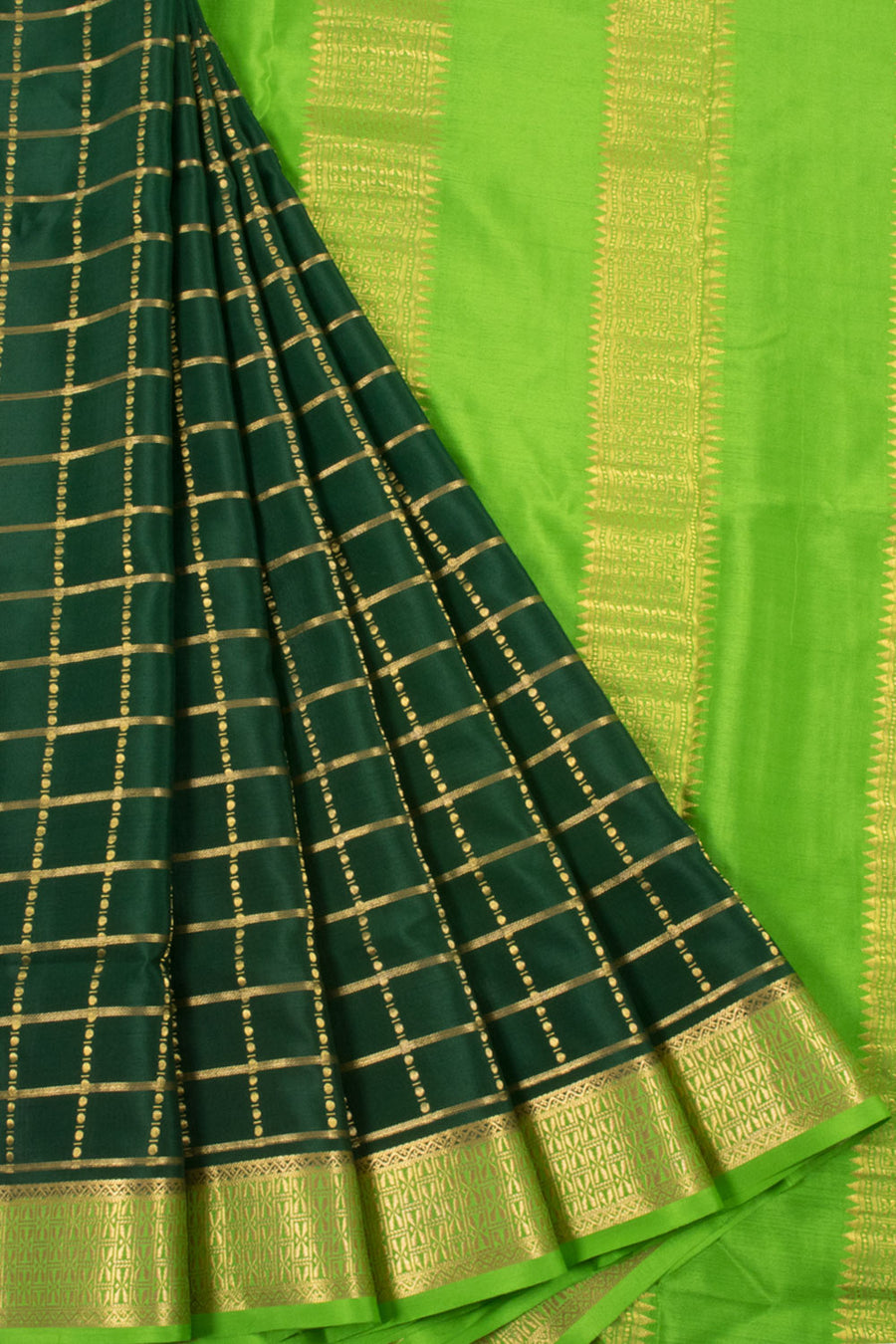 Green Mysore Crepe Silk Saree with Zari Checks, Zari Border and Pallu