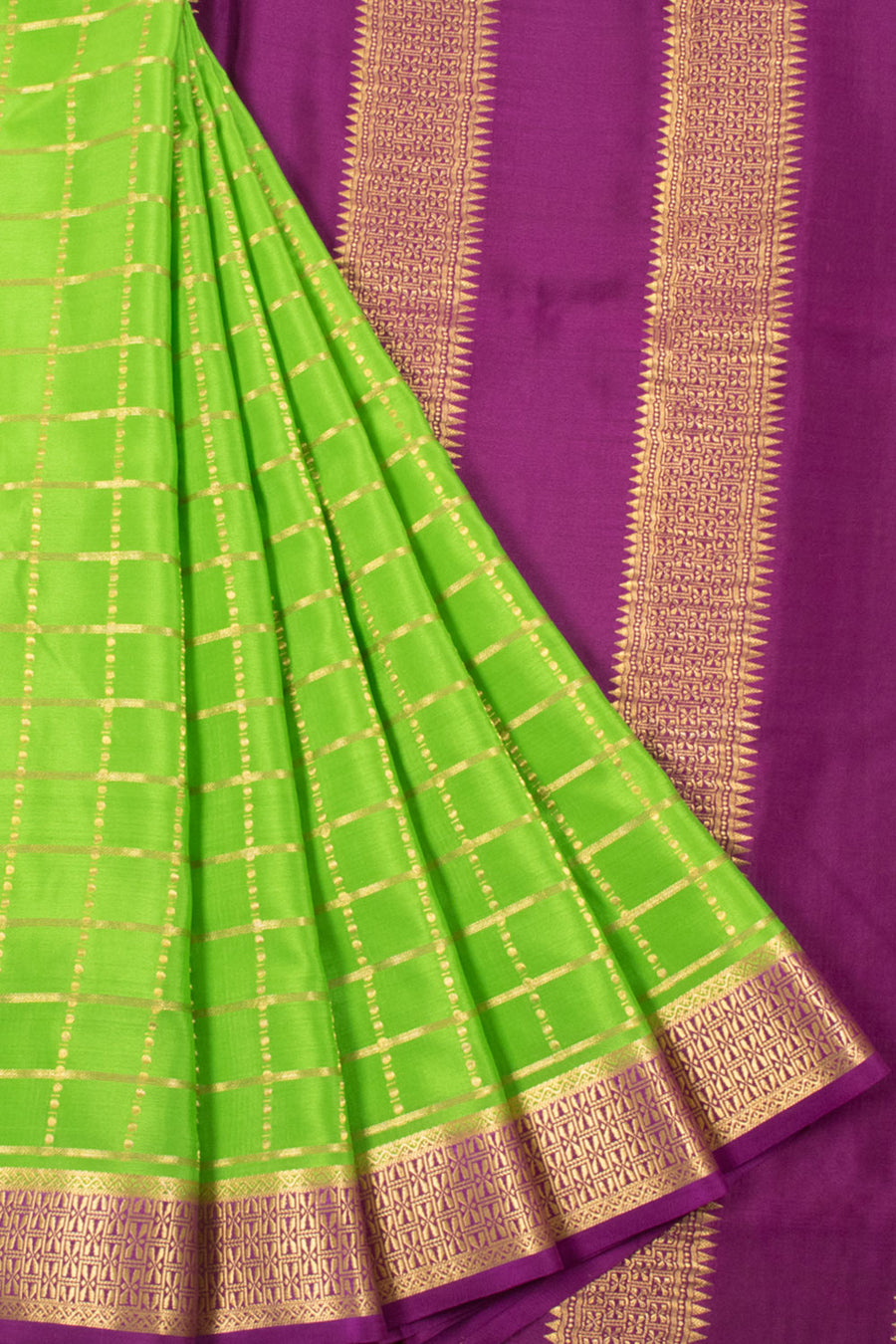 Neon Green Mysore Crepe Silk Saree with Zari Checks, Zari Border and Pallu
