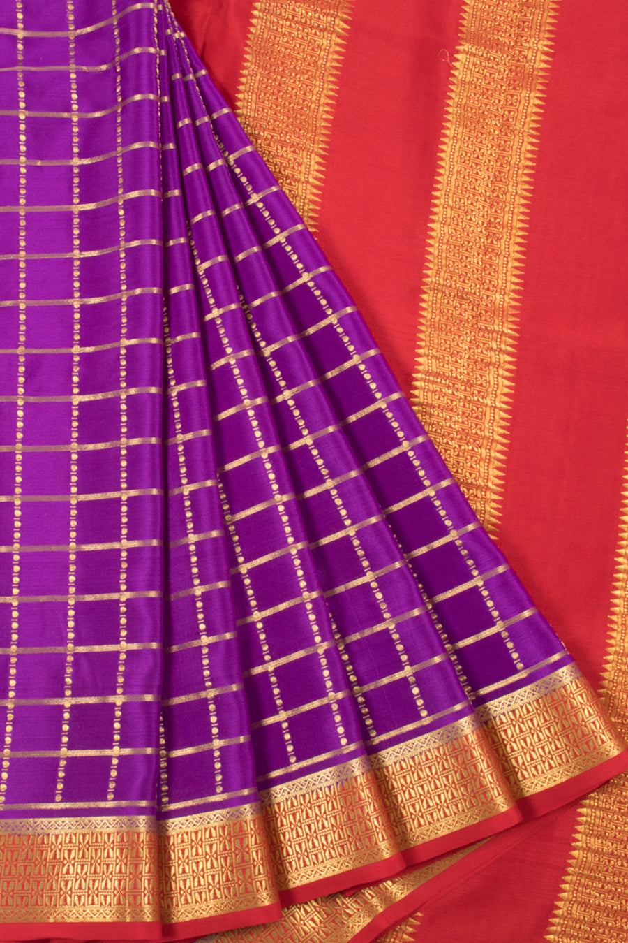 Purple Mysore Crepe Silk Saree with Zari Checks, Zari Border and Striped Pallu