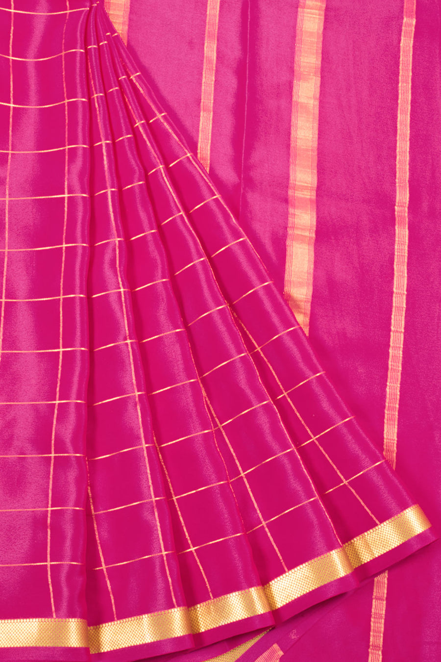 Pink Mysore Crepe Silk Saree with Zari Checks, Zari Border and Striped Pallu 