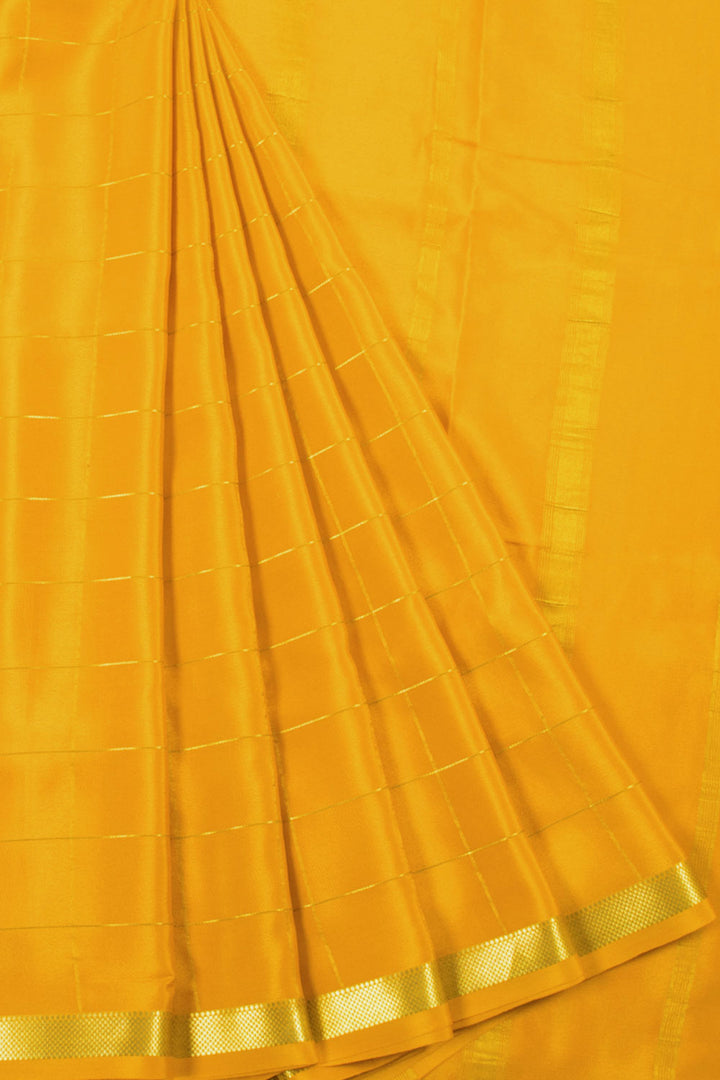 Yellow Mysore Crepe Silk Saree with Zari Checks, Zari Border and Striped Pallu