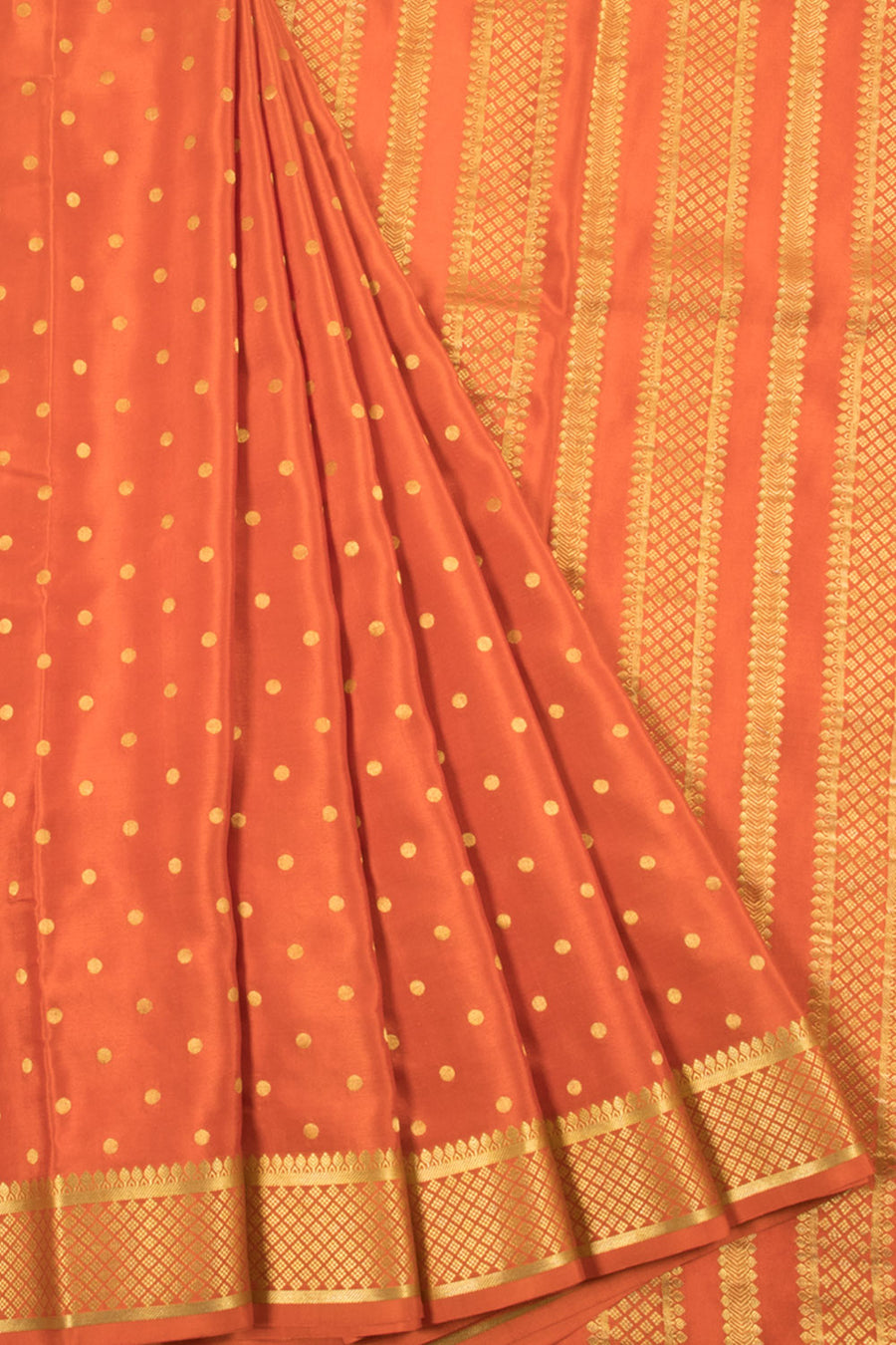 Orange Mysore Crepe Silk Saree with Polka Dot Motifs and Zari Border 