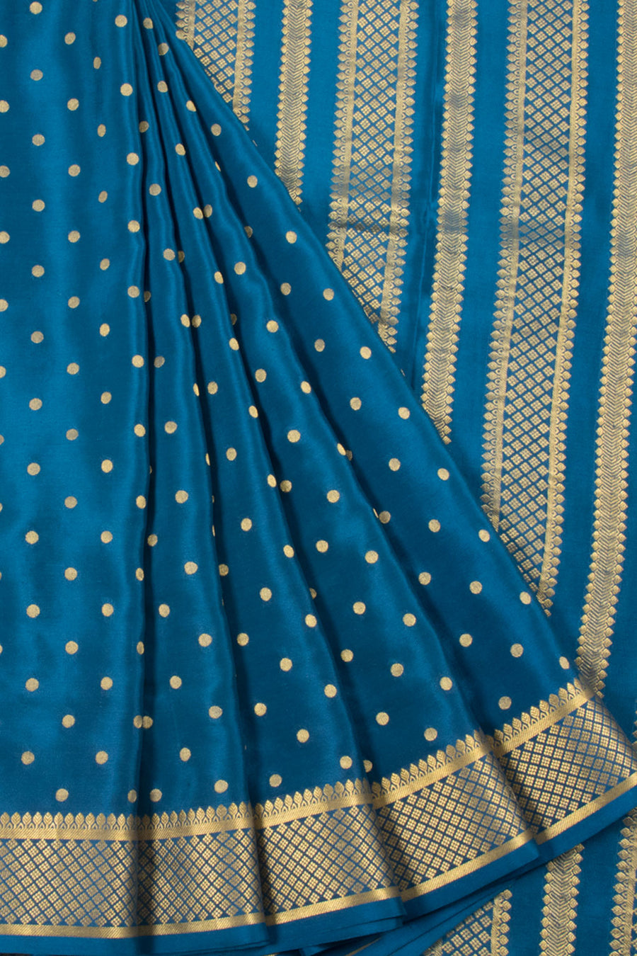 Blue Mysore Crepe Silk Saree with Polka Dot Motifs and Zari Border 