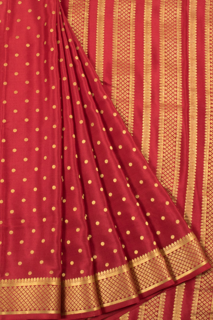 Burgundy Maroon Mysore Crepe Silk Saree with Polka Dot Motifs and Zari Border