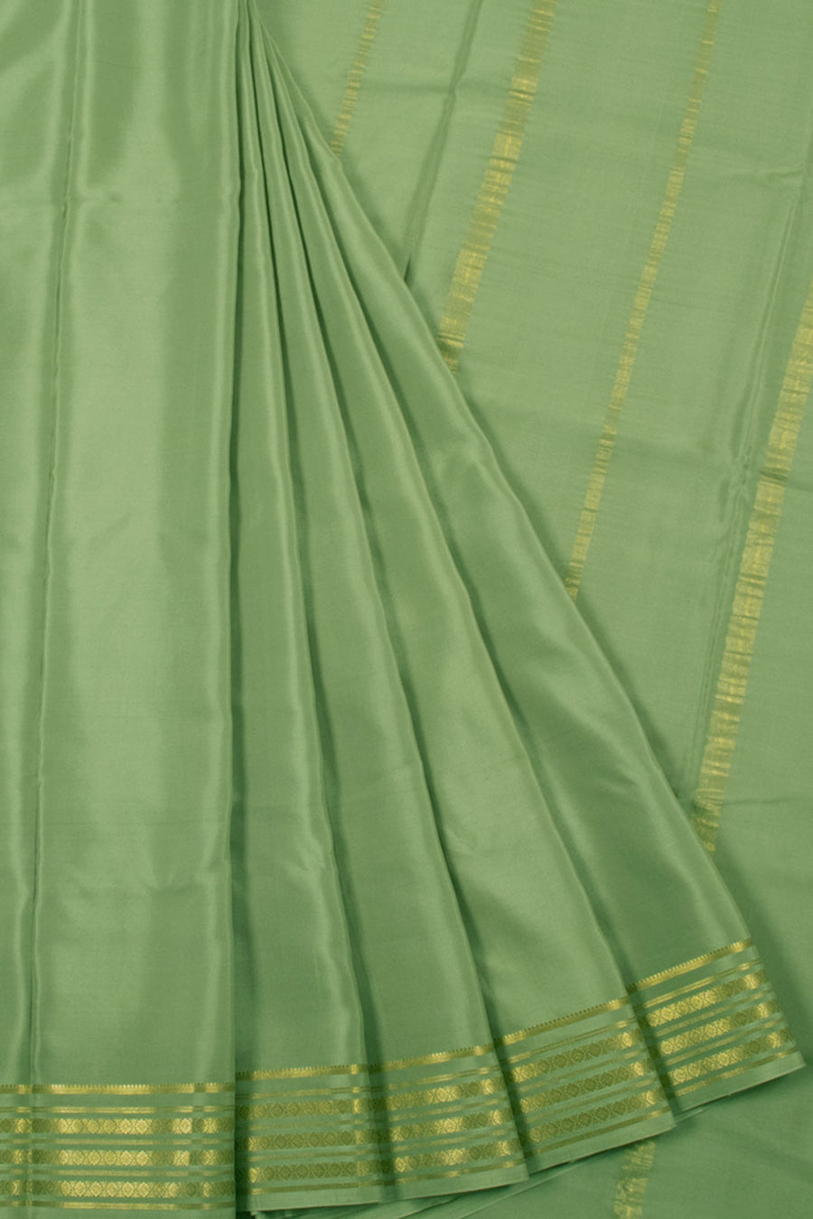 Green Mysore Crepe Silk Saree with Floral Motifs Zari Border and Striped Pallu
