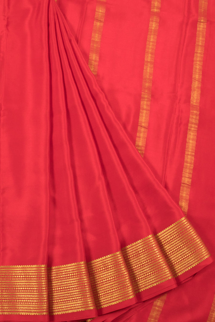 Red Mysore Crepe Silk Saree with Striped Pallu and Zari Border 
