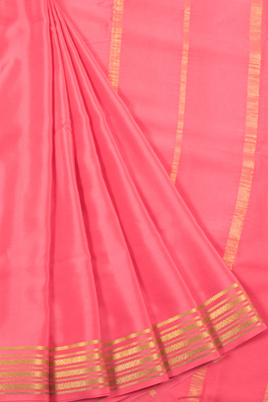 Pink Mysore Crepe Silk Saree with Floral Motifs Zari Border and Striped Pallu