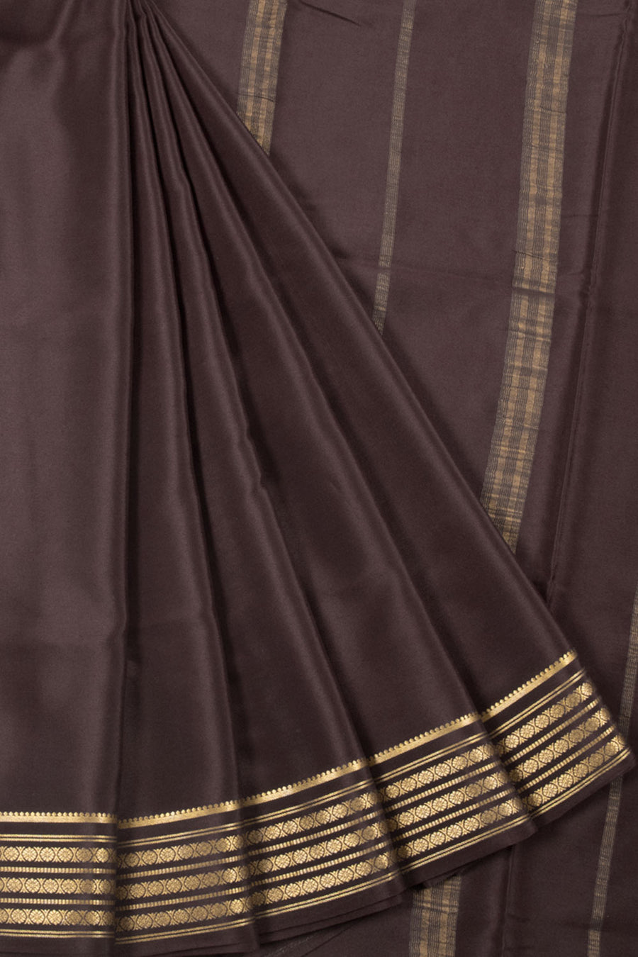Brown Mysore Crepe Silk Saree with Floral Motifs Zari Border and Striped Pallu