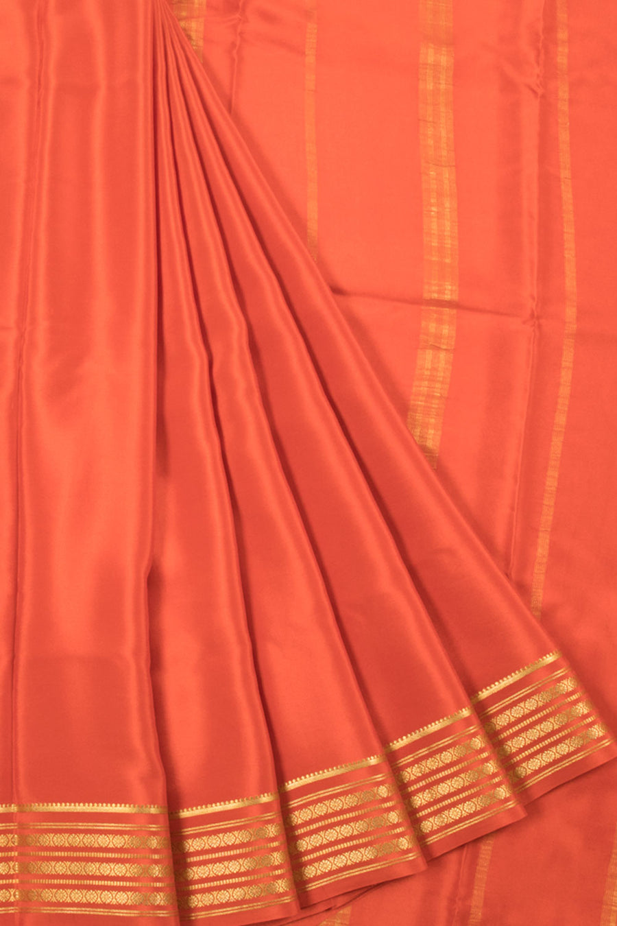 Orange Mysore Crepe Silk Saree with Floral Motifs Zari Border and Striped Pallu