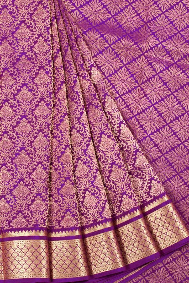 Violet Mysore Crepe Silk Saree with allover Floral Design, Floral Border and Floral Pallu