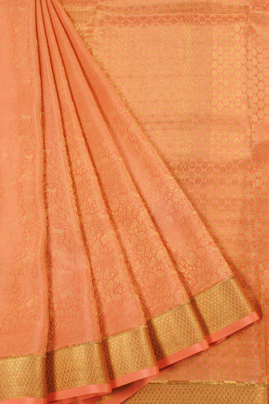 Peach Mysore Crepe Silk Saree with Vanashringaram Design, Diamond Border and Floral Pallu