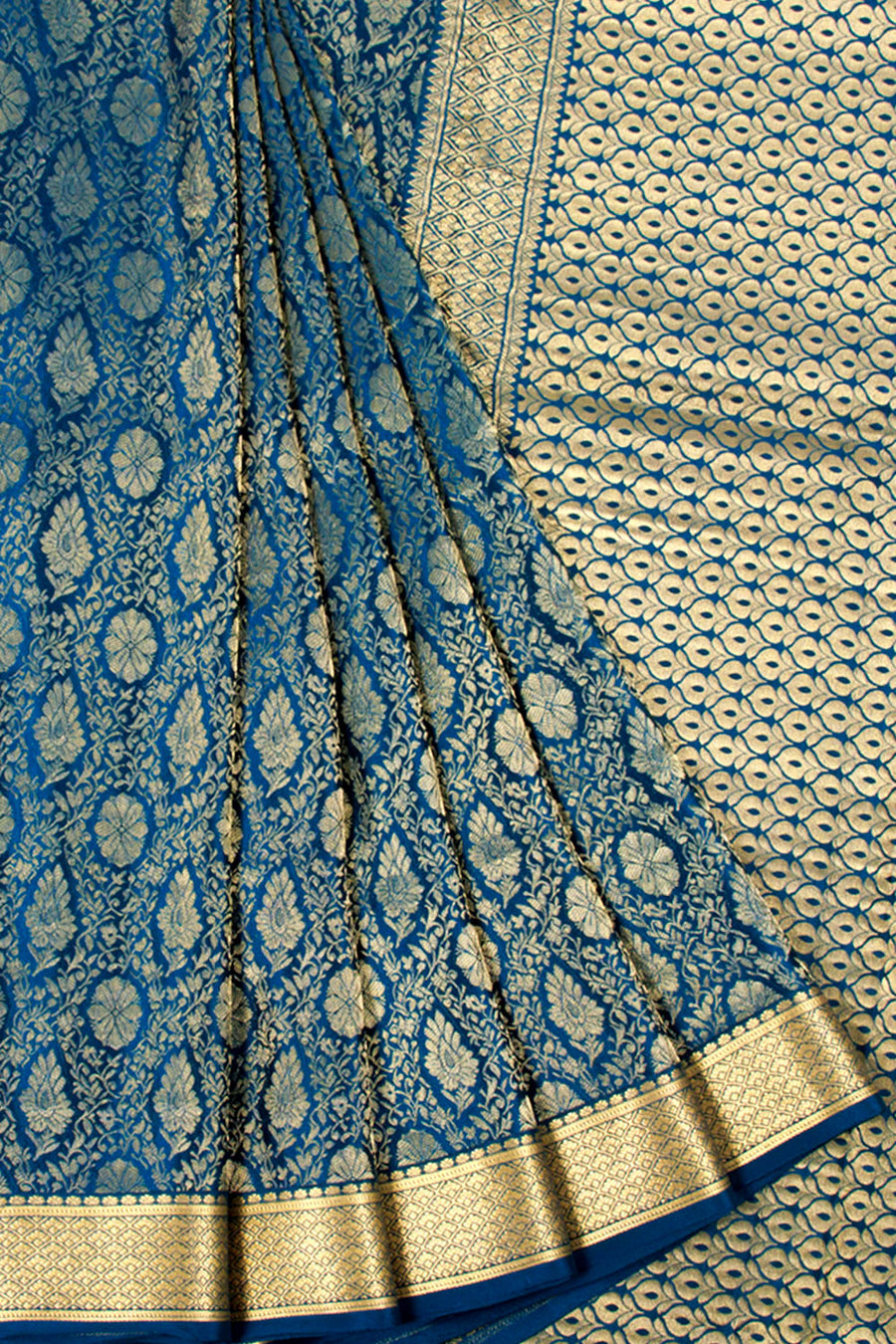 Blue Mysore Crepe Silk Saree with allover Floral Design, Zari Border and Floral Pallu