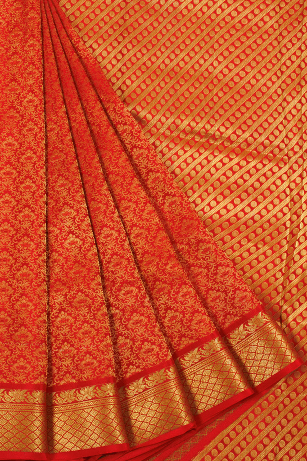 Red Mysore Crepe Silk Saree with allover Floral Design, Zari Border and Floral Pallu
