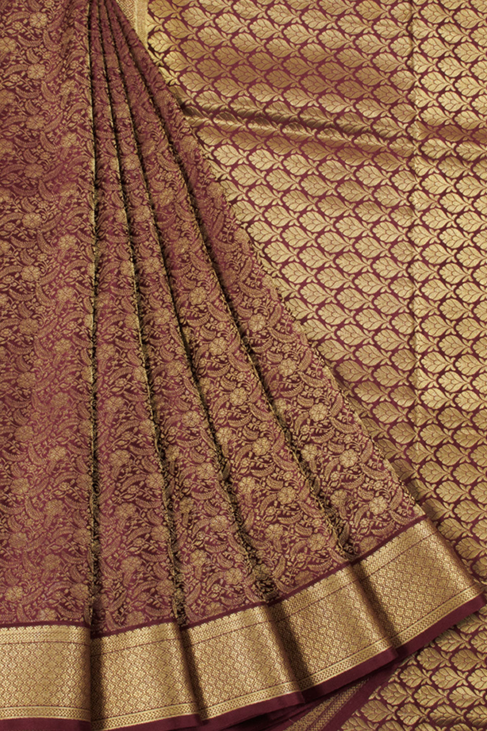 Burgundy Mysore Crepe Silk Saree with allover Floral Design, Zari Border and Floral Pallu