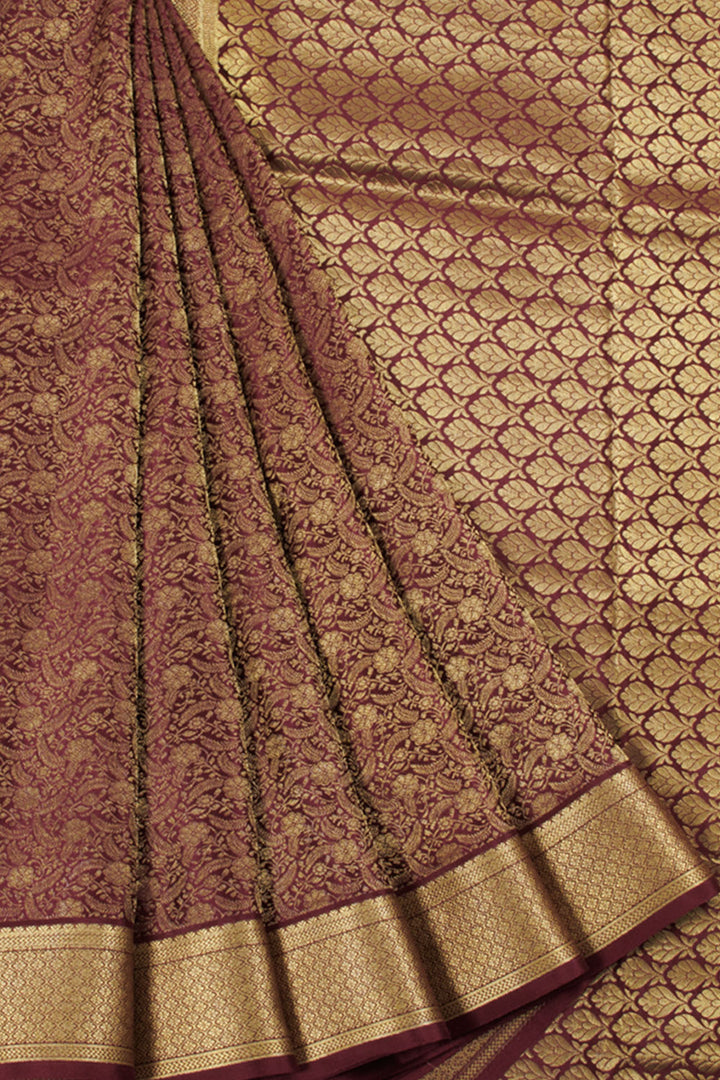 Burgundy Mysore Crepe Silk Saree with allover Floral Design, Zari Border and Floral Pallu