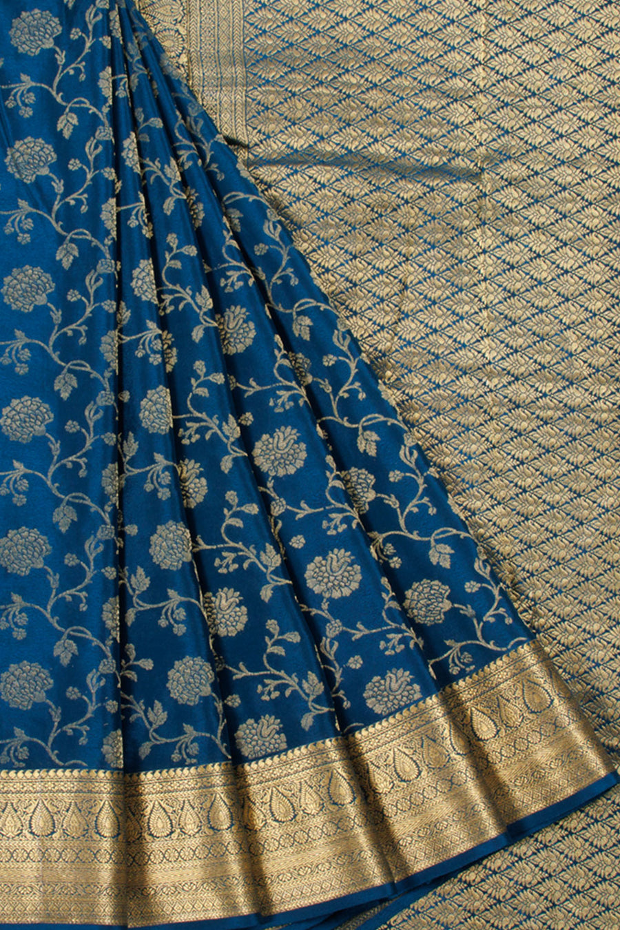 Teal Blue Mysore Crepe Silk Saree with allover Floral Design, Zari Border and Floral Pallu
