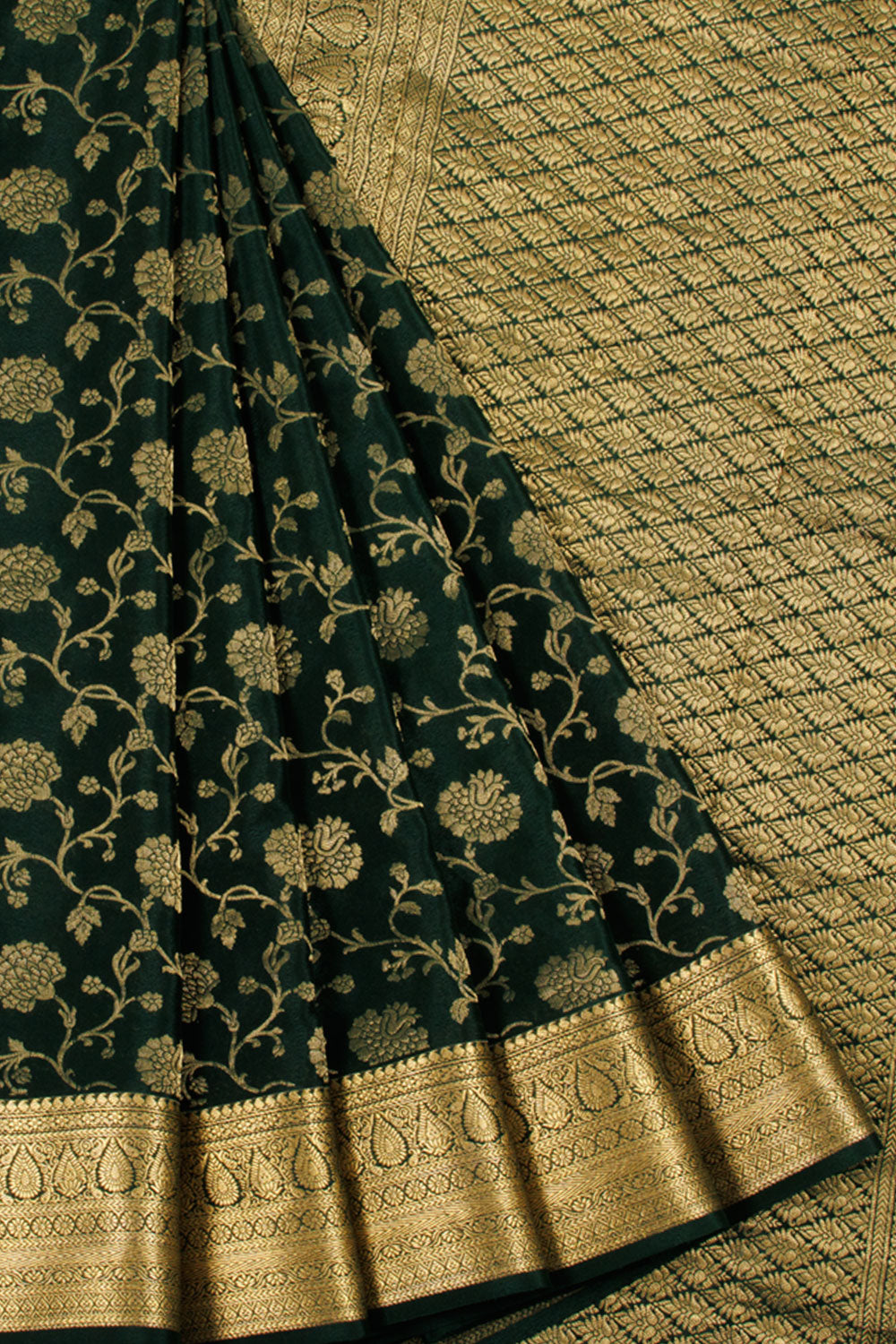 Dark Green Mysore Crepe Silk Saree with allover Floral Design, Zari Border and Floral Pallu
