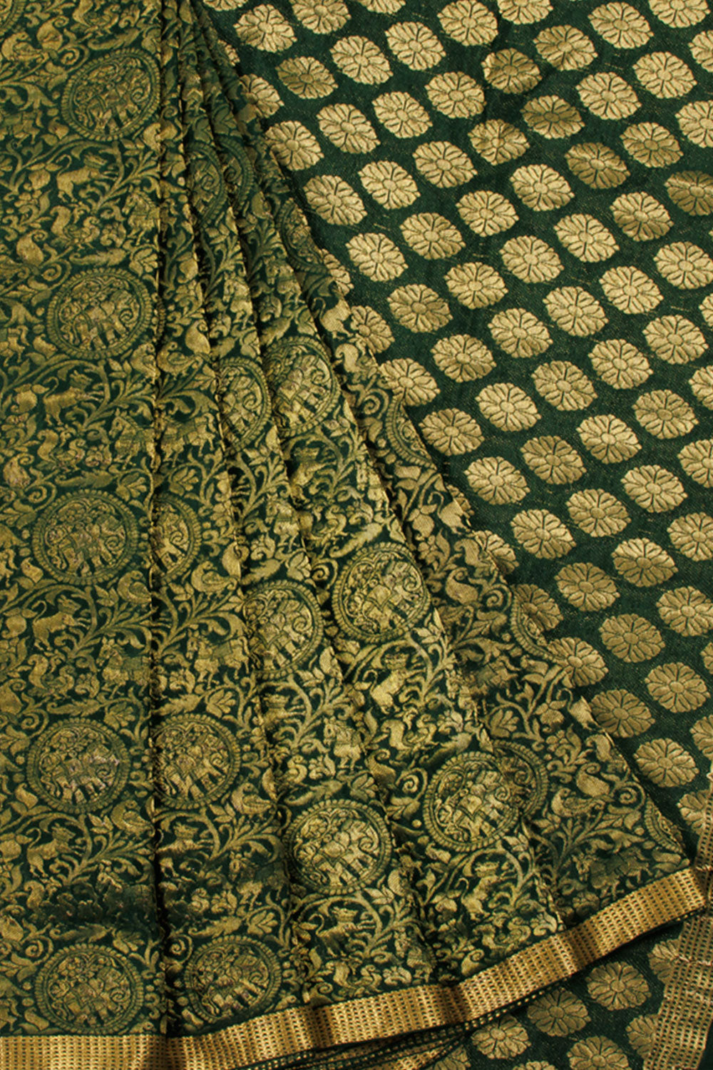 Dark Green Mysore Crepe Silk Saree with Vanashringaram Design, Zari Border and Floral Pallu