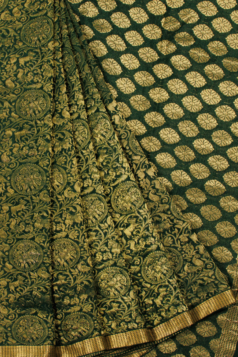 Dark Green Mysore Crepe Silk Saree with Vanashringaram Design, Zari Border and Floral Pallu