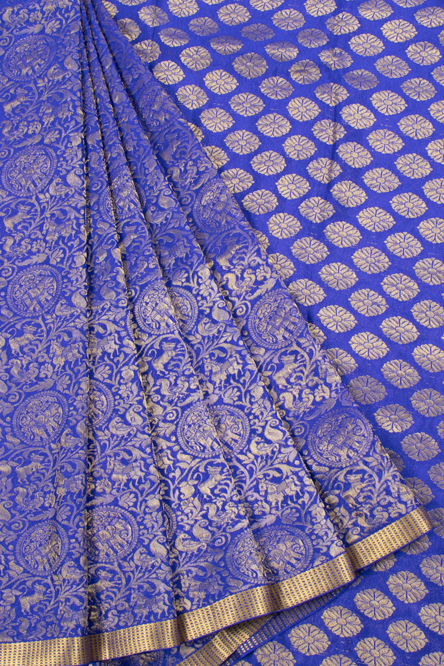 Blue Mysore Crepe Silk Saree with Vanashringaram Design, Zari Border and Floral Pallu
