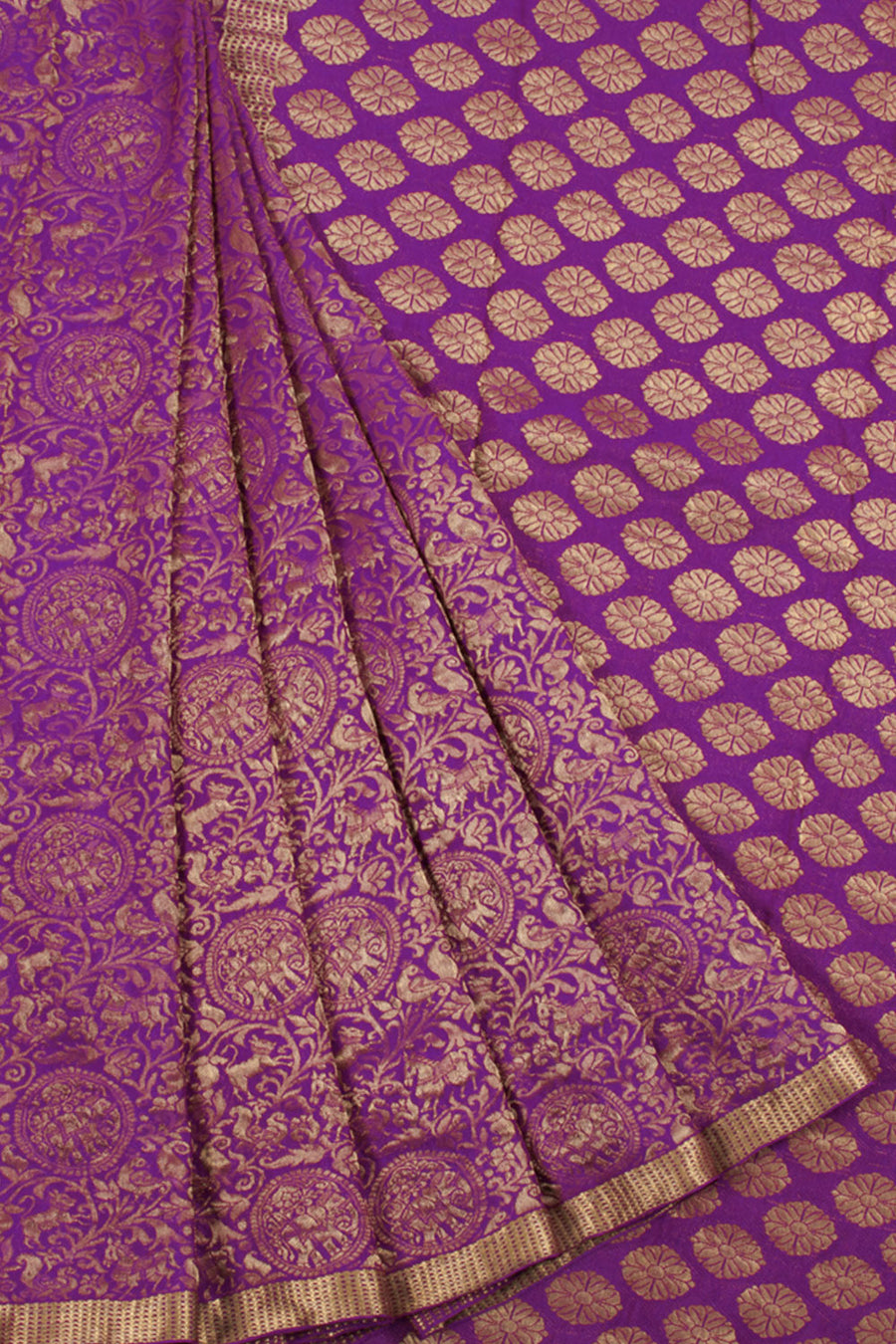 Violet Mysore Crepe Silk Saree with Vanashringaram Design, Zari Border and Floral Pallu