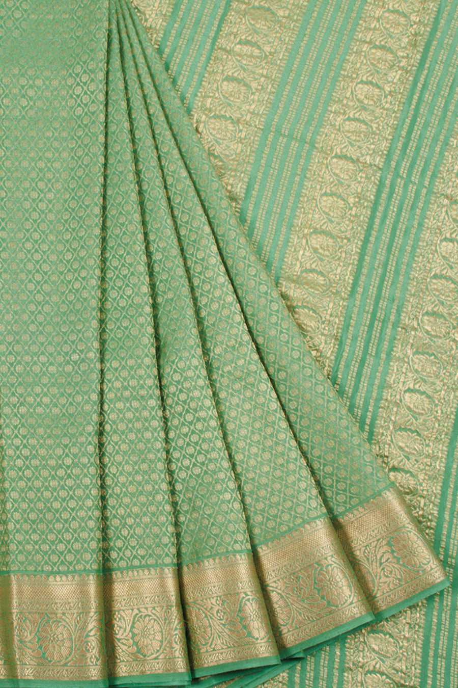 Light Green Mysore Crepe Silk Saree with allover Floral Design, Floral Border and Floral Pallu