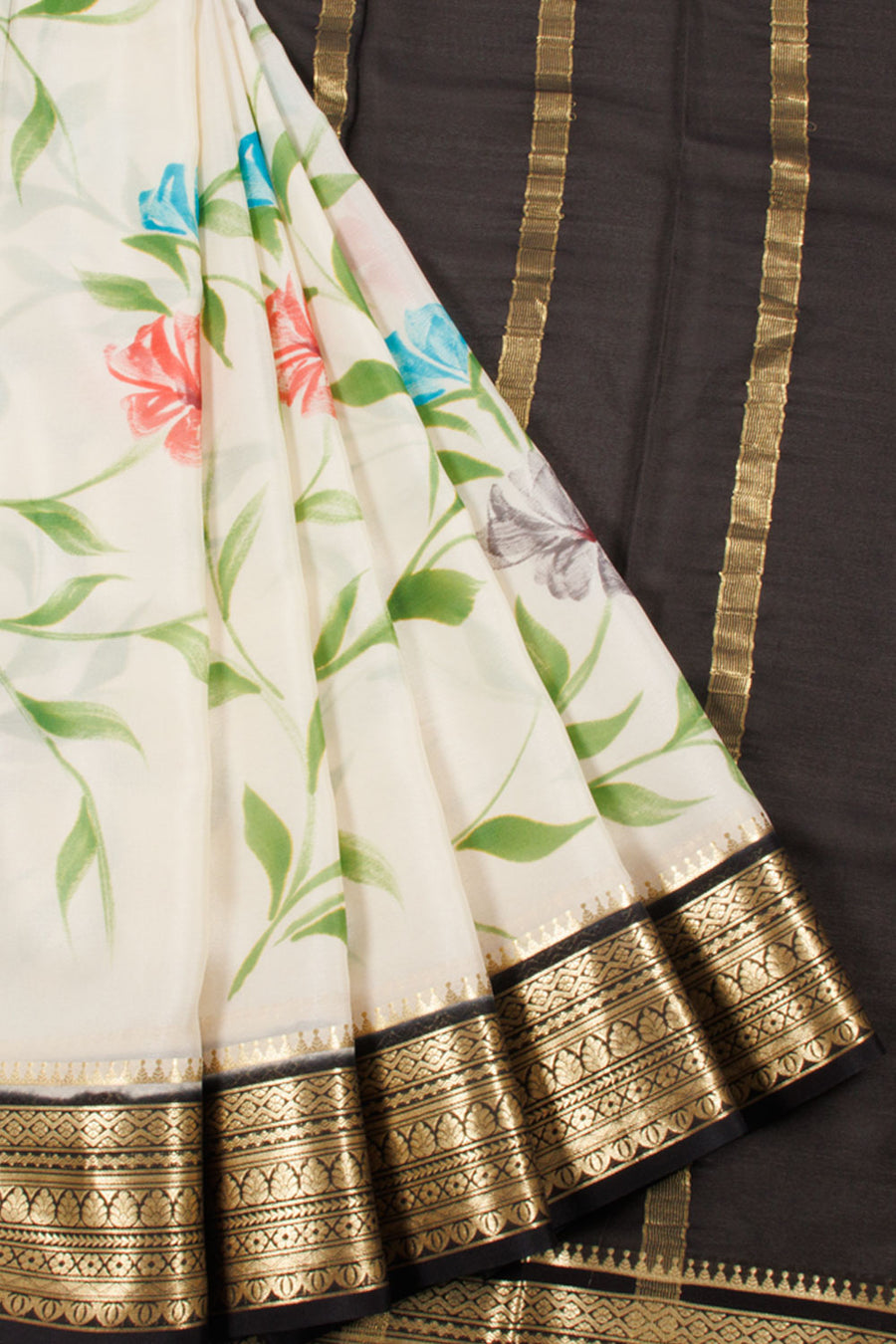 Hand Painted Mysore Crepe Silk Saree with Floral Design, Floral Border and Zari Stripes Pallu