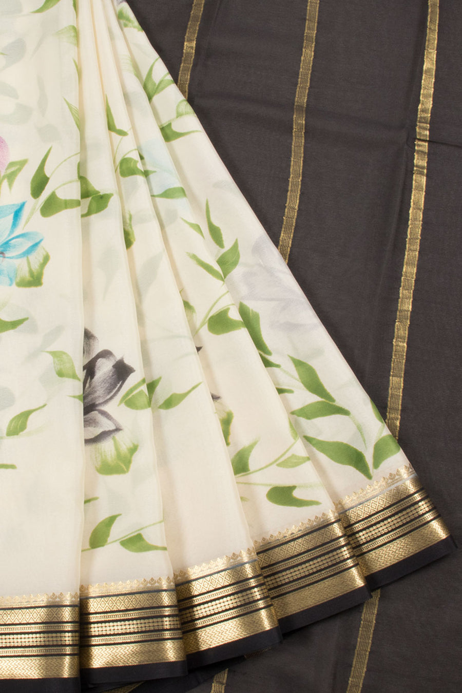 Hand Painted Mysore Crepe Silk Saree with Floral Design, Geometric Design Border and Zari Stripes Pallu 