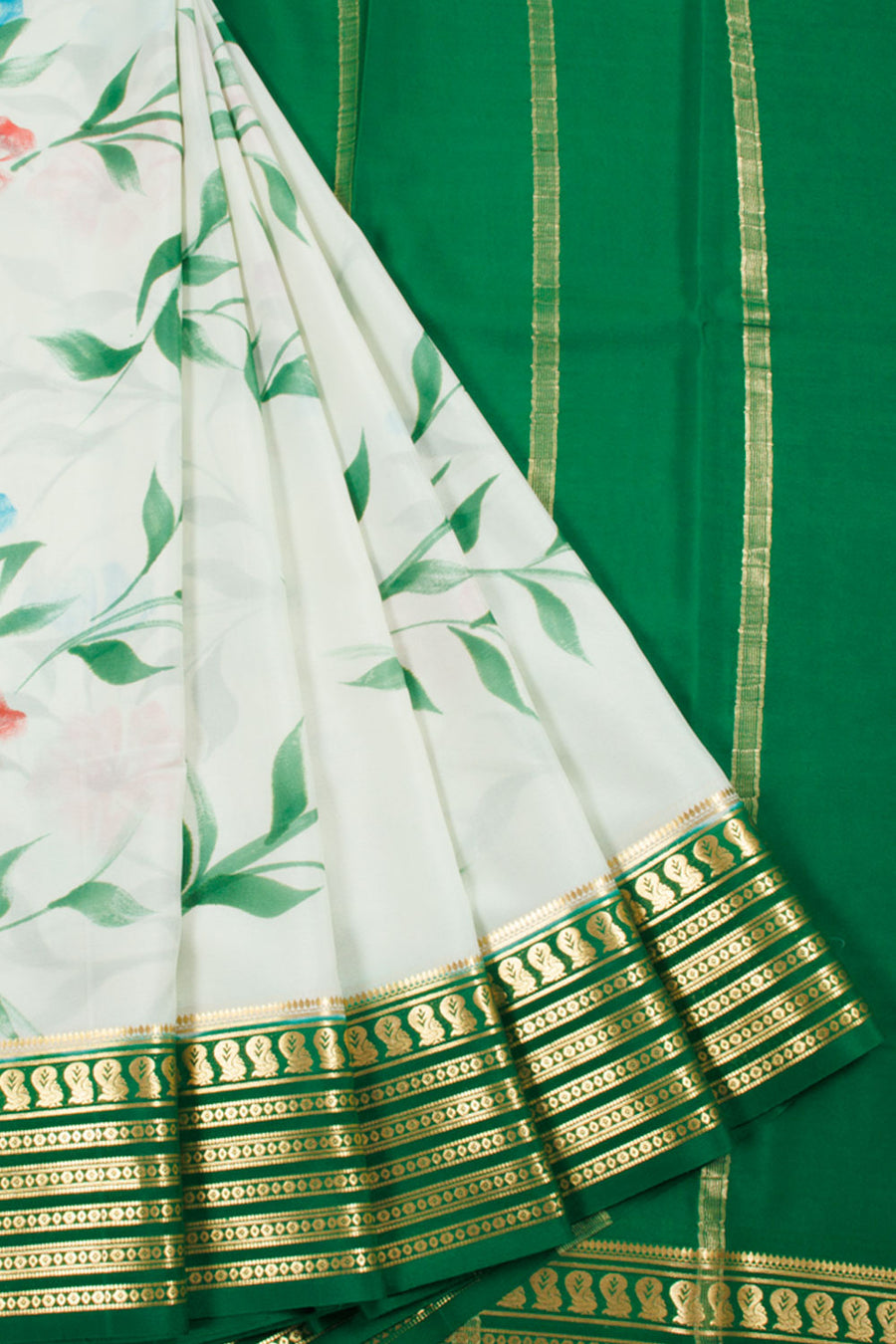 Hand Painted Mysore Crepe Silk Saree with Floral Design, Peacock Design Border and Zari Stripes Pallu