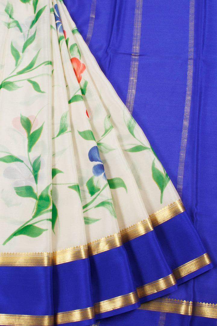 Hand Painted Mysore Crepe Silk Saree with Floral Design and Zari Stripes Pallu