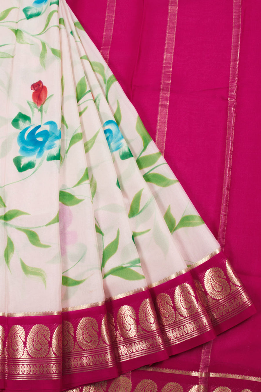Hand Painted Mysore Crepe Silk Saree with Floral Design, Paisley Border and Zari Stripes Pallu