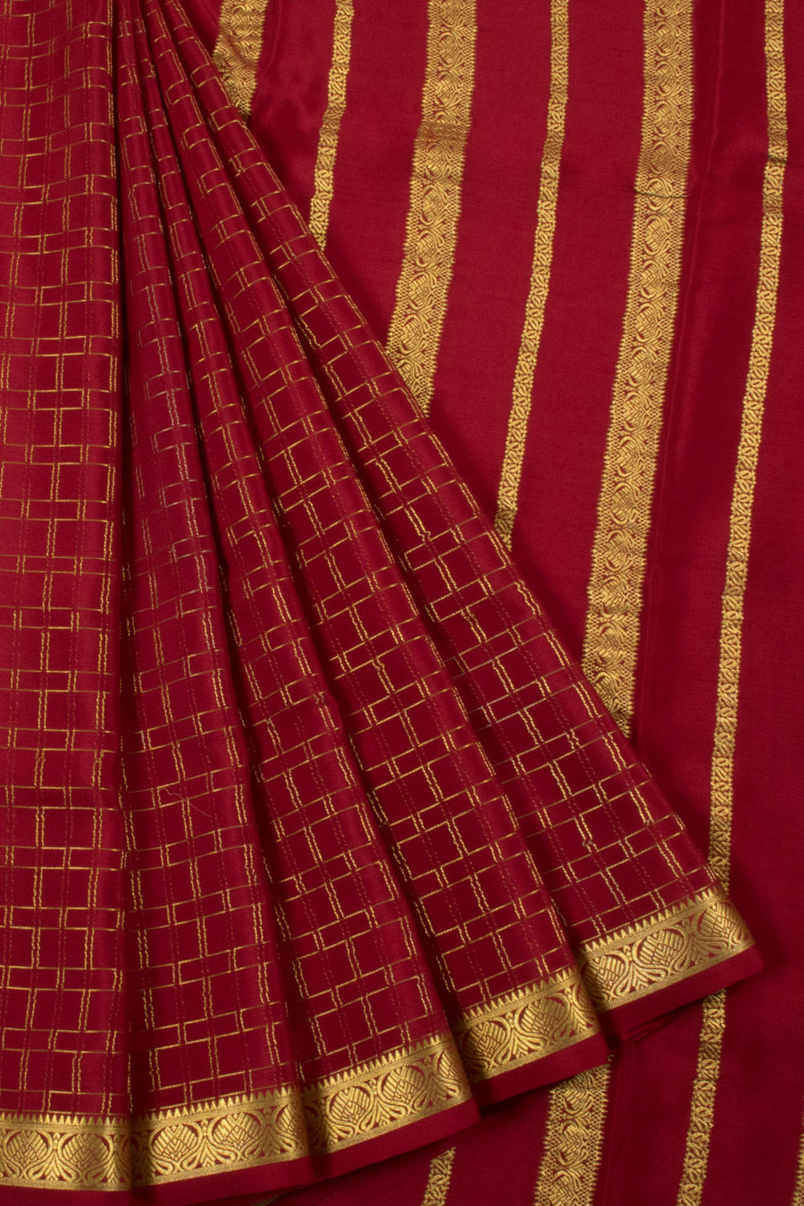 Wine Red Mysore Crepe Silk Saree with Zari Checks Design, Floral Border and Floral Pallu