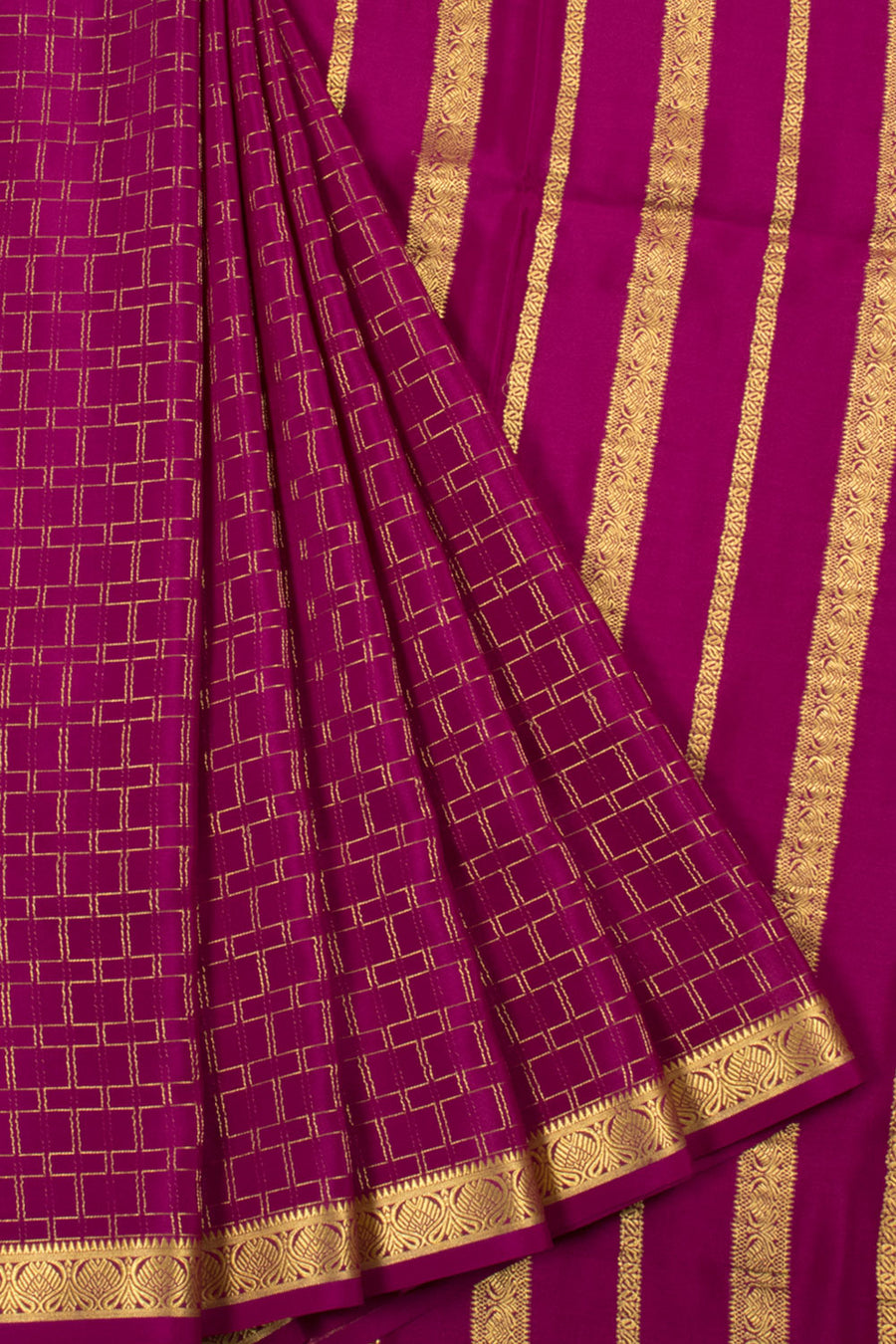 Violet Mysore Crepe Silk Saree with Zari Checks Design, Floral Border and Floral Pallu