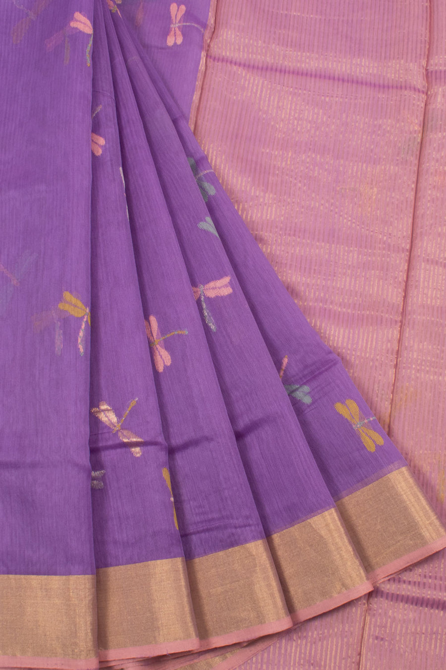 Handwoven Chanderi Silk Cotton Saree with Dragonfly Motifs and Zari Border