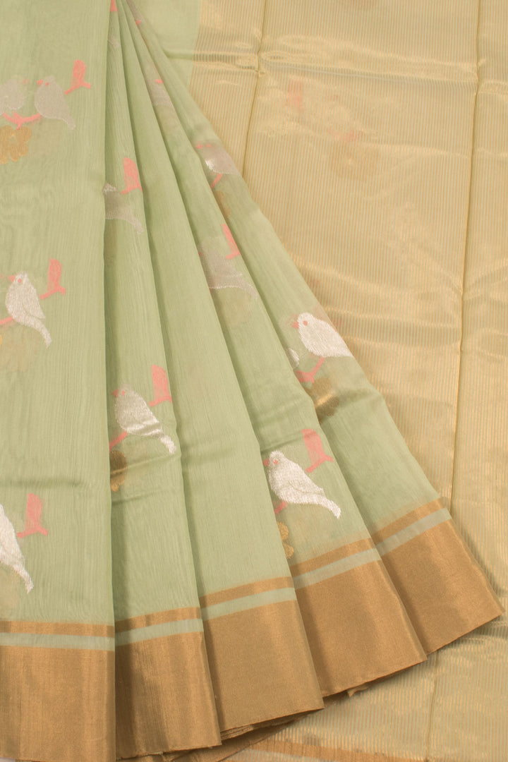Handwoven Chanderi Silk Cotton Saree with Floral, Bird Motifs and Zari Border