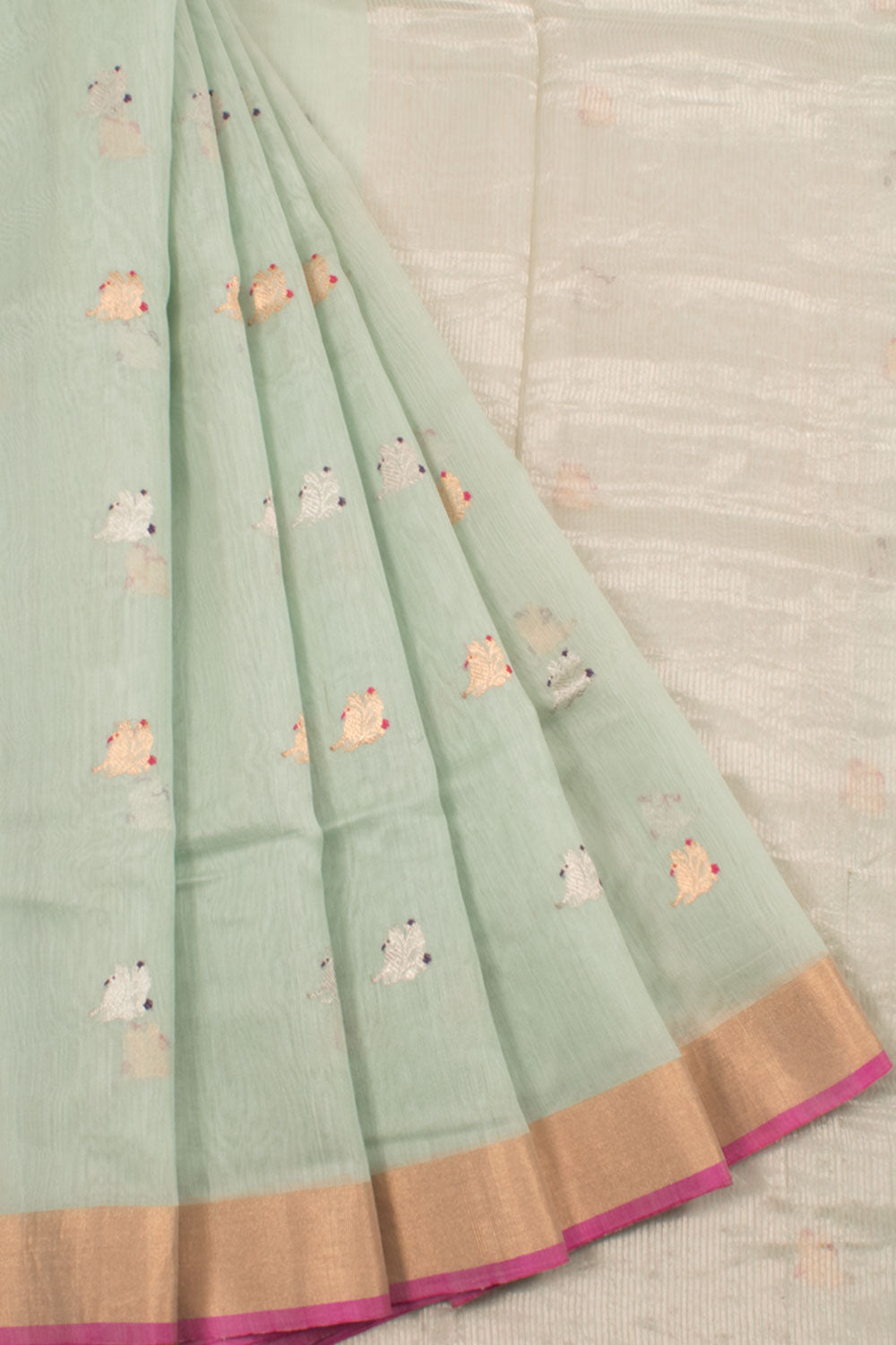 Handwoven Chanderi Silk Cotton Saree with Bird Motifs and Zari Border