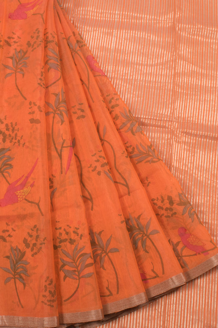 Printed Chanderi Silk Cotton Saree with Parrot Motifs