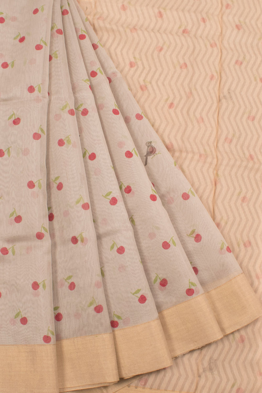 Handwoven Chanderi Silk Cotton Saree with Cherry and Bird Motifs
