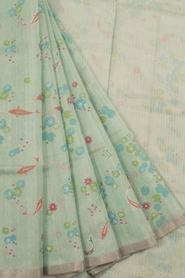Hand Printed Chanderi Silk Cotton Saree with Fish and Lotus Motifs
