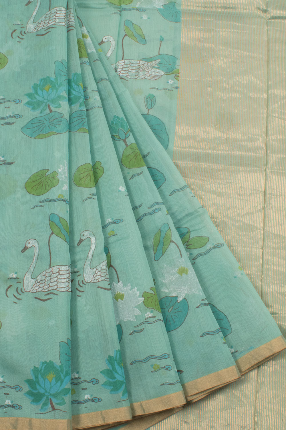 Hand Printed Chanderi Silk Cotton Saree with Swan and Lotus Motifs 