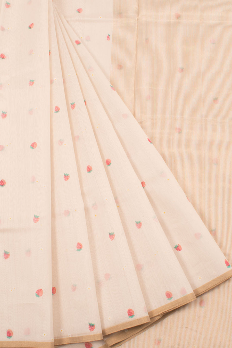 Handwoven Chanderi Silk Cotton Saree with Strawberry and Floral Motifs