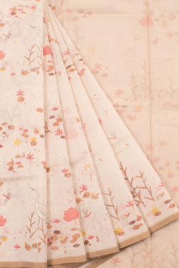 Hand Printed Chanderi Silk Cotton Saree with Crane and Lotus Motifs