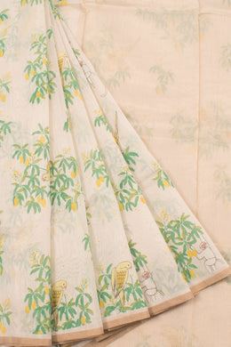 Hand Printed Chanderi Silk Cotton Saree with Parrot and Animal Motifs 